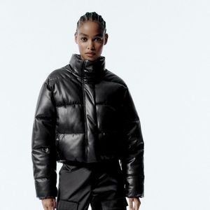 Black Faux Leather Puffer Jacket Zara Women